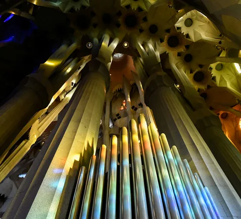 Sagrada Família interior columns, vaults and coloured light.