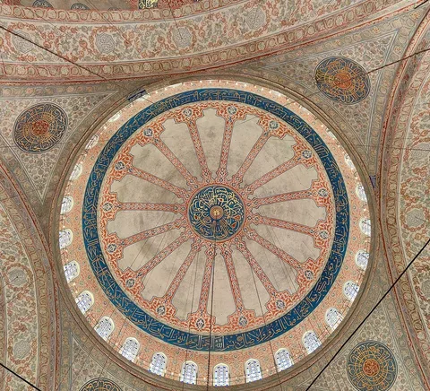 Blue Mosque dome and painted ceiling, March 2026.