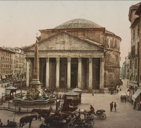 The Pantheon and Piazza della Rotonda in a historic colour photochrom photograph, circa 1890–1906.