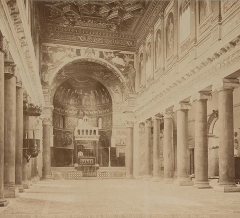 Santa Maria in Trastevere’s church interior in a historic albumen photograph, circa 1850–1880.