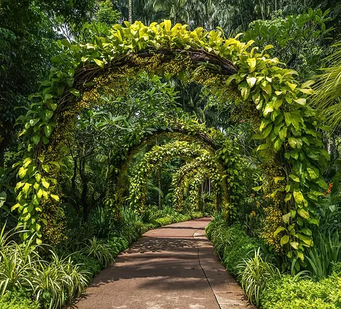 Leafy planted arches over a path at the National Orchid Garden.