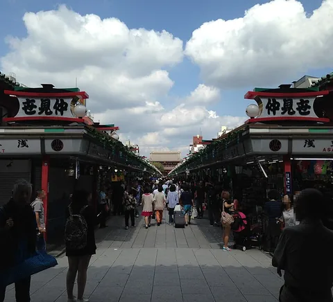 Nakamise pedestrian street leading towards Sensō-ji temple precinct.