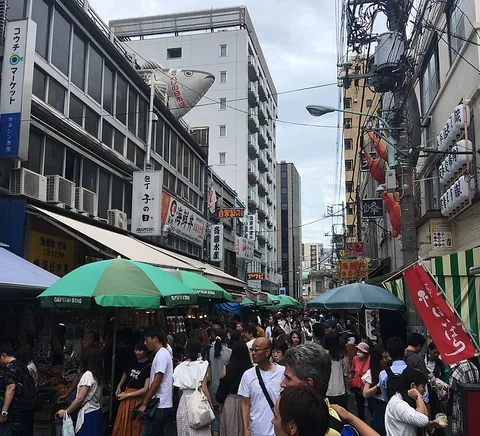 Shoppers and businesses in Tsukiji Outer Market.