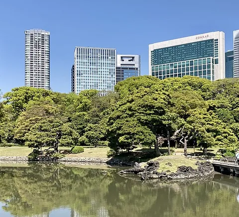Hama-rikyū garden water, planting and contemporary skyline.